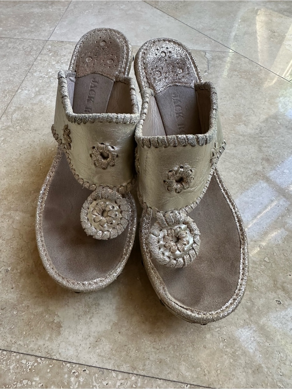 Jack Rogers Gold-Tone Rosette Toe Post Platform Sandals